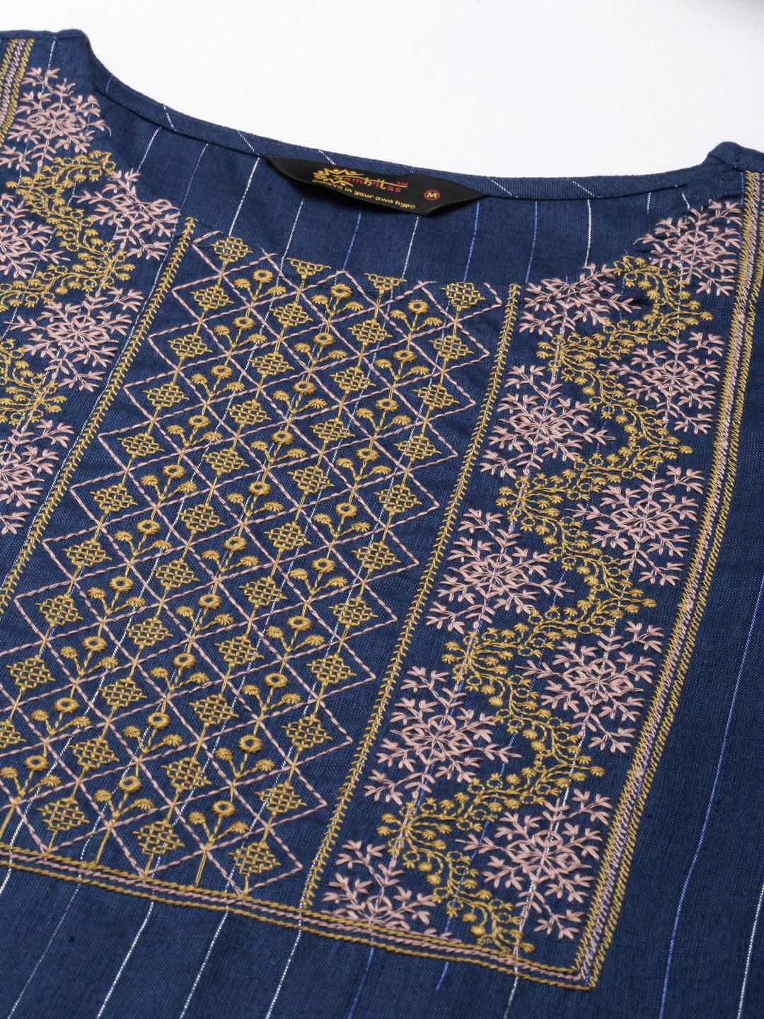 Women's blue kurta featuring gold embroidery on indigo fabric