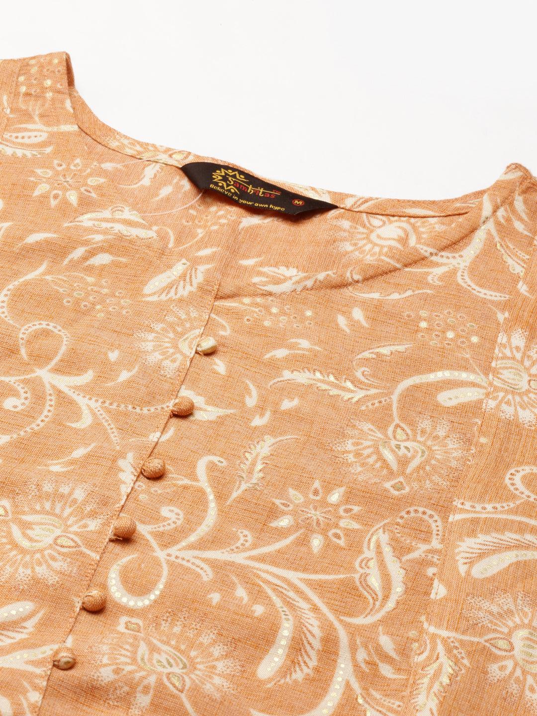 Orange Floral Print Viscose Rayon A-line Kurta from samhitas