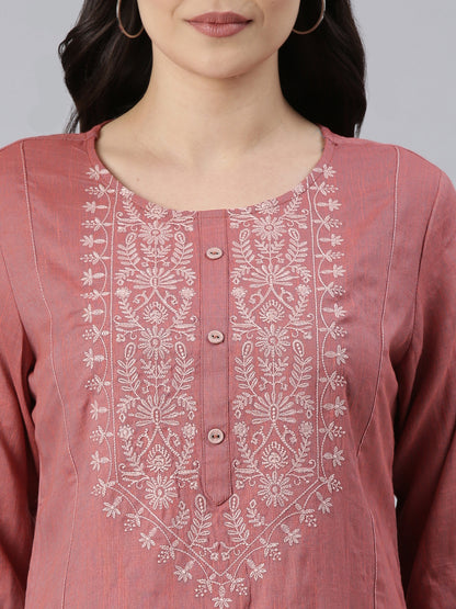 Women Embroidered Viscose Rayon A-line Kurta (Pink, White) - Samhitas Apparel