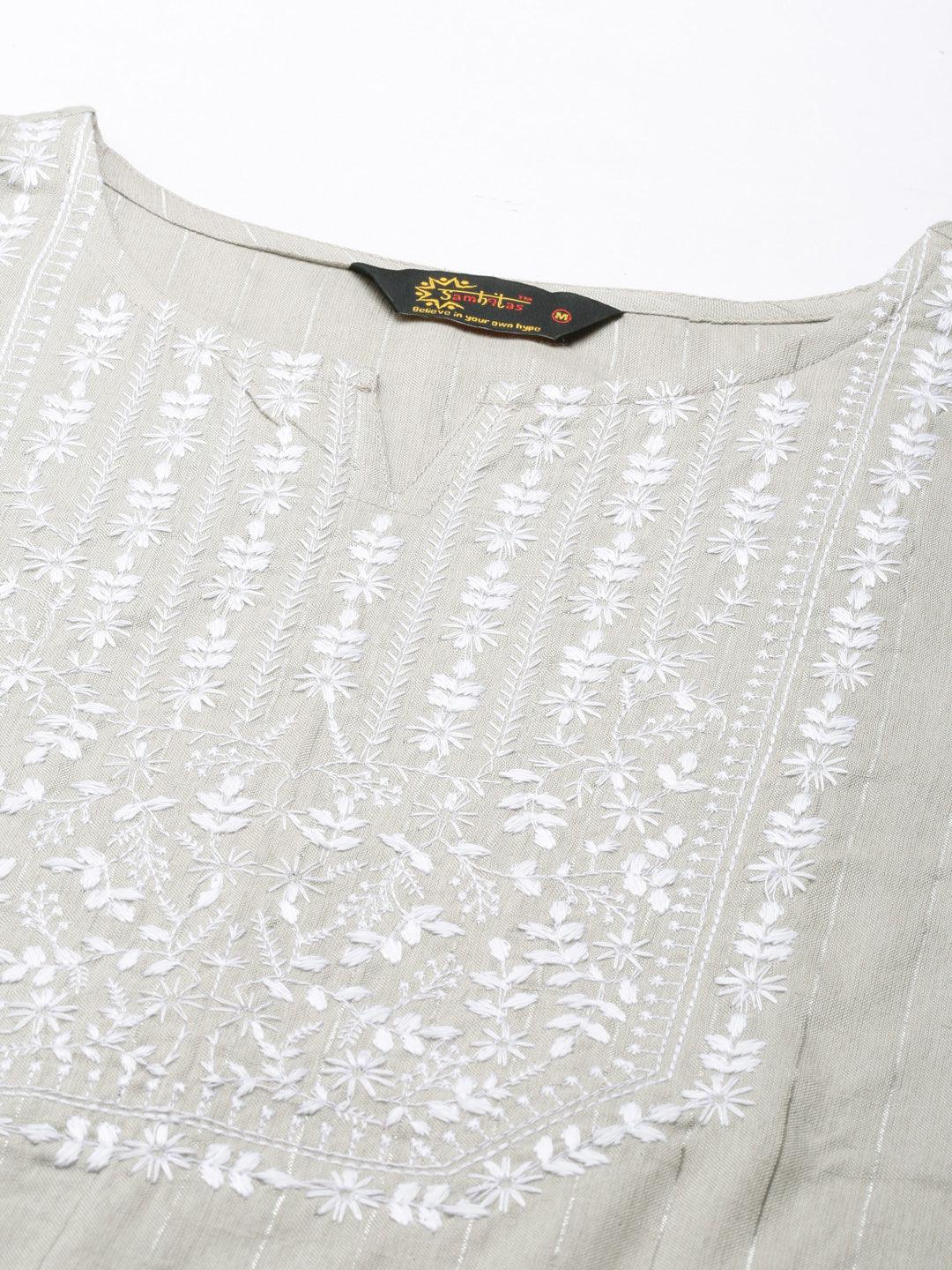 Grey Striped Cotton Blend Flared Kurta for Women from samhitas apparel