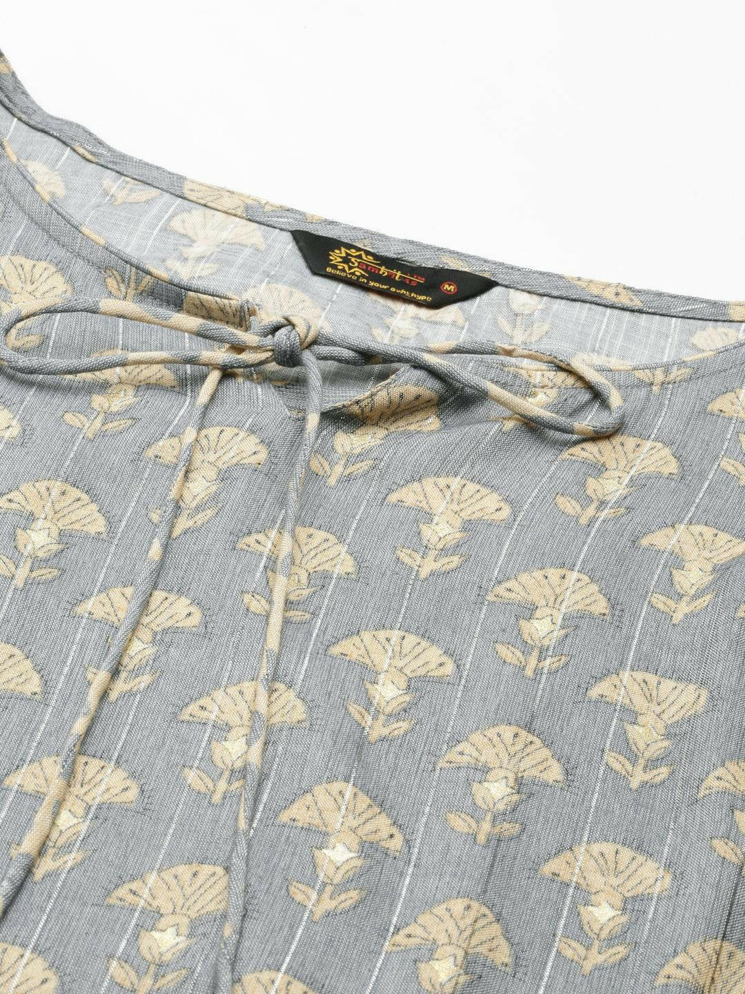 Elegant Grey Floral Print Straight Kurta Set from samhitas apparel