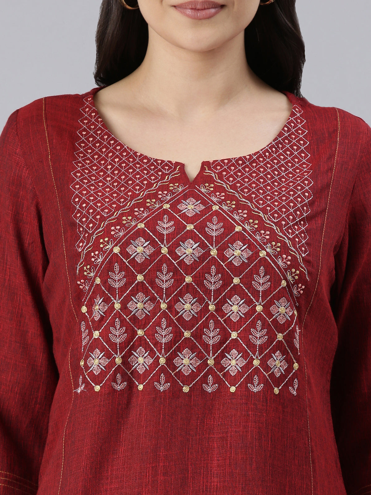 Women's Maroon Embroidered Viscose Rayon A-line Kurta from samhitas apparel