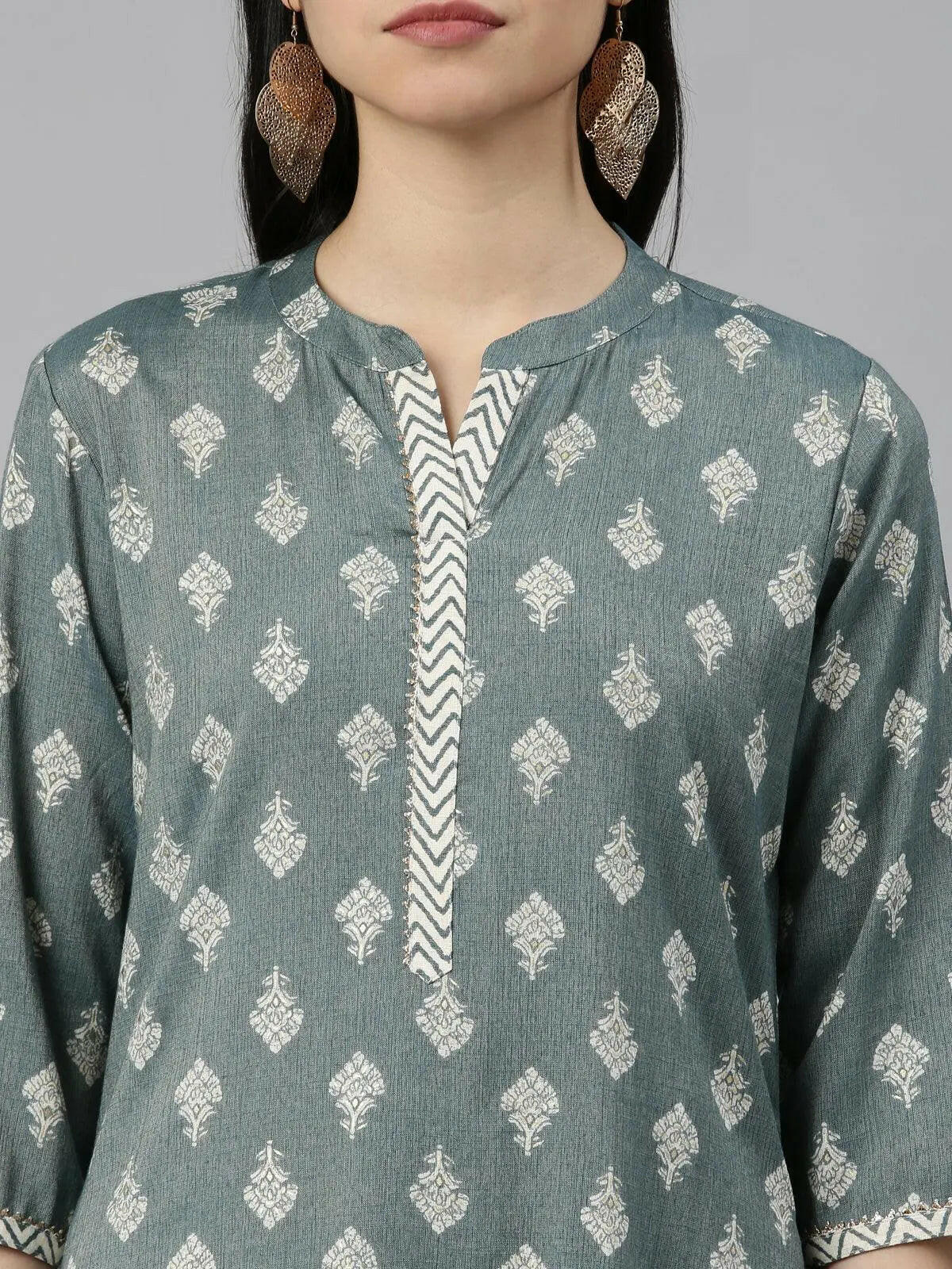 Teal Block Print Straight Kurta with Palazzo Pants Set from samhitas apparel