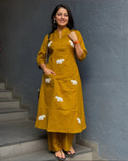 Pure Cotton Yellow Top Pant Set With Elephant Embroidery And Scoped Sleeves