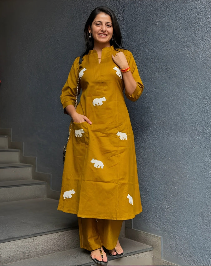 Pure Cotton Yellow Top Pant Set With Elephant Embroidery And Scoped Sleeves