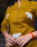 Pure Cotton Yellow Top Pant Set With Elephant Embroidery And Scoped Sleeves
