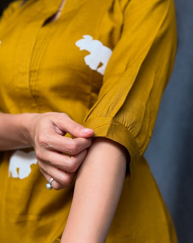 Pure Cotton Yellow Top Pant Set With Elephant Embroidery And Scoped Sleeves