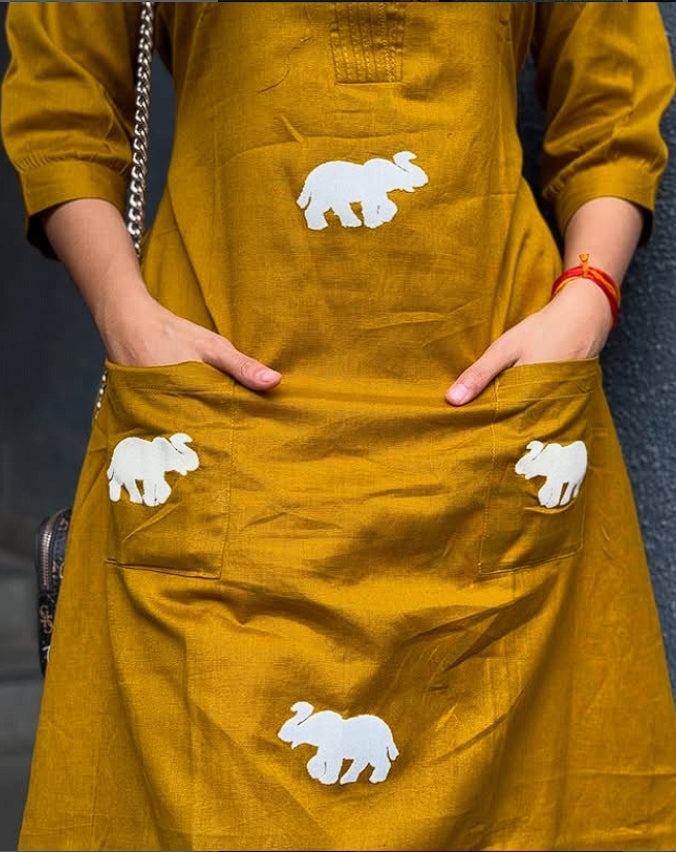 Pure Cotton Yellow Top Pant Set With Elephant Embroidery And Scoped Sleeves