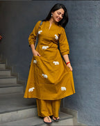Pure Cotton Yellow Top Pant Set With Elephant Embroidery And Scoped Sleeves