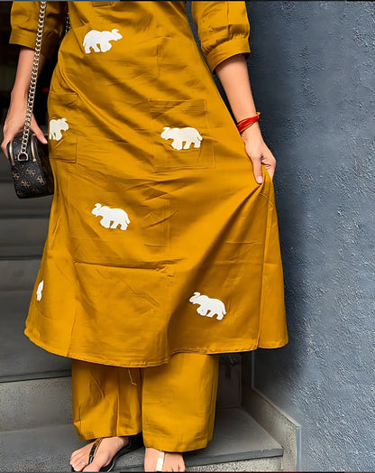 Pure Cotton Yellow Top Pant Set With Elephant Embroidery And Scoped Sleeves