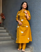 Pure Cotton Yellow Top Pant Set With Elephant Embroidery And Scoped Sleeves