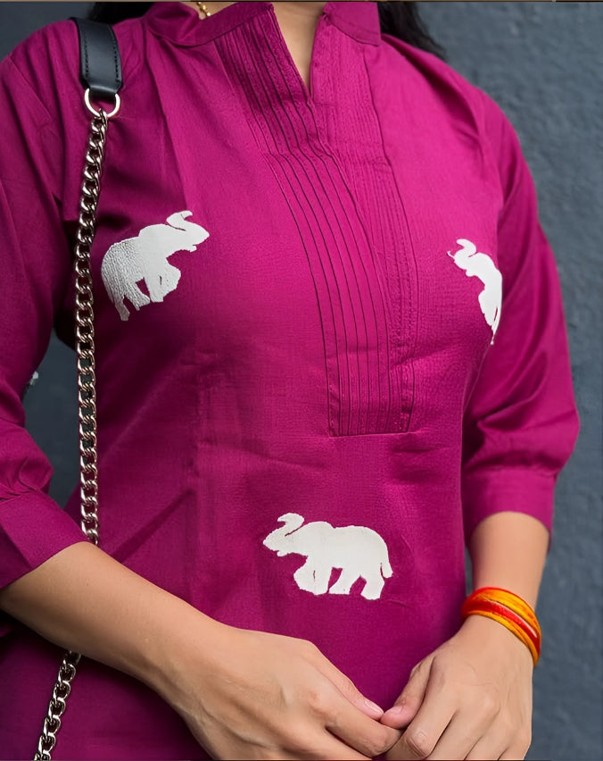 Elephant Embroidery Violet Cotton Top Pant Set