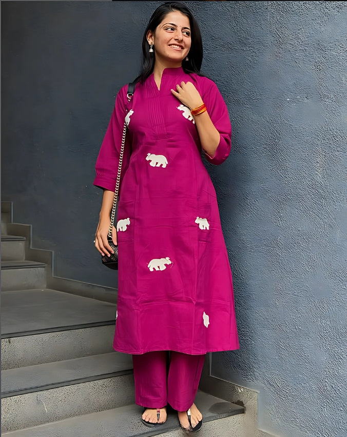 Elephant Embroidery Violet Cotton Top Pant Set