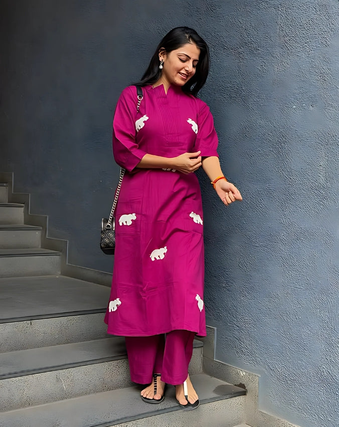 Elephant Embroidery Violet Cotton Top Pant Set