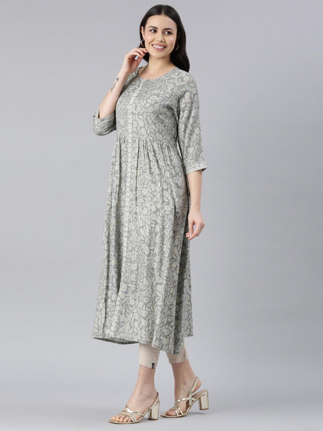 Grey Floral Printed A-Line Kurta for women from samhitas apparel