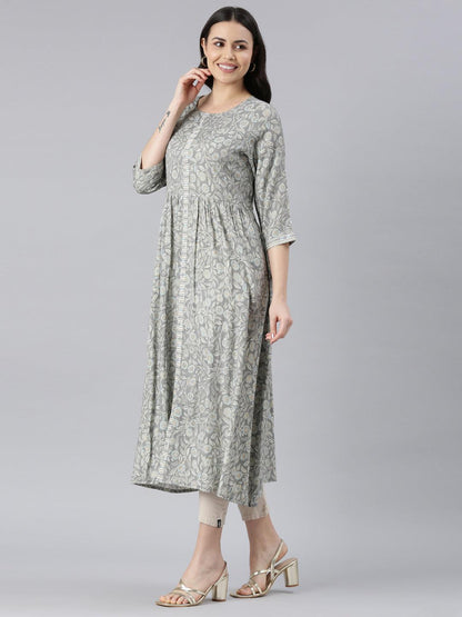 Women Printed Viscose Rayon A-line Kurta (Grey) - Samhitas Apparel