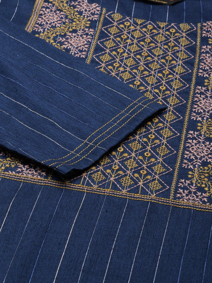 closeup of Blue Striped Cotton A-line Kurta with Embroidery from samhitas apparel