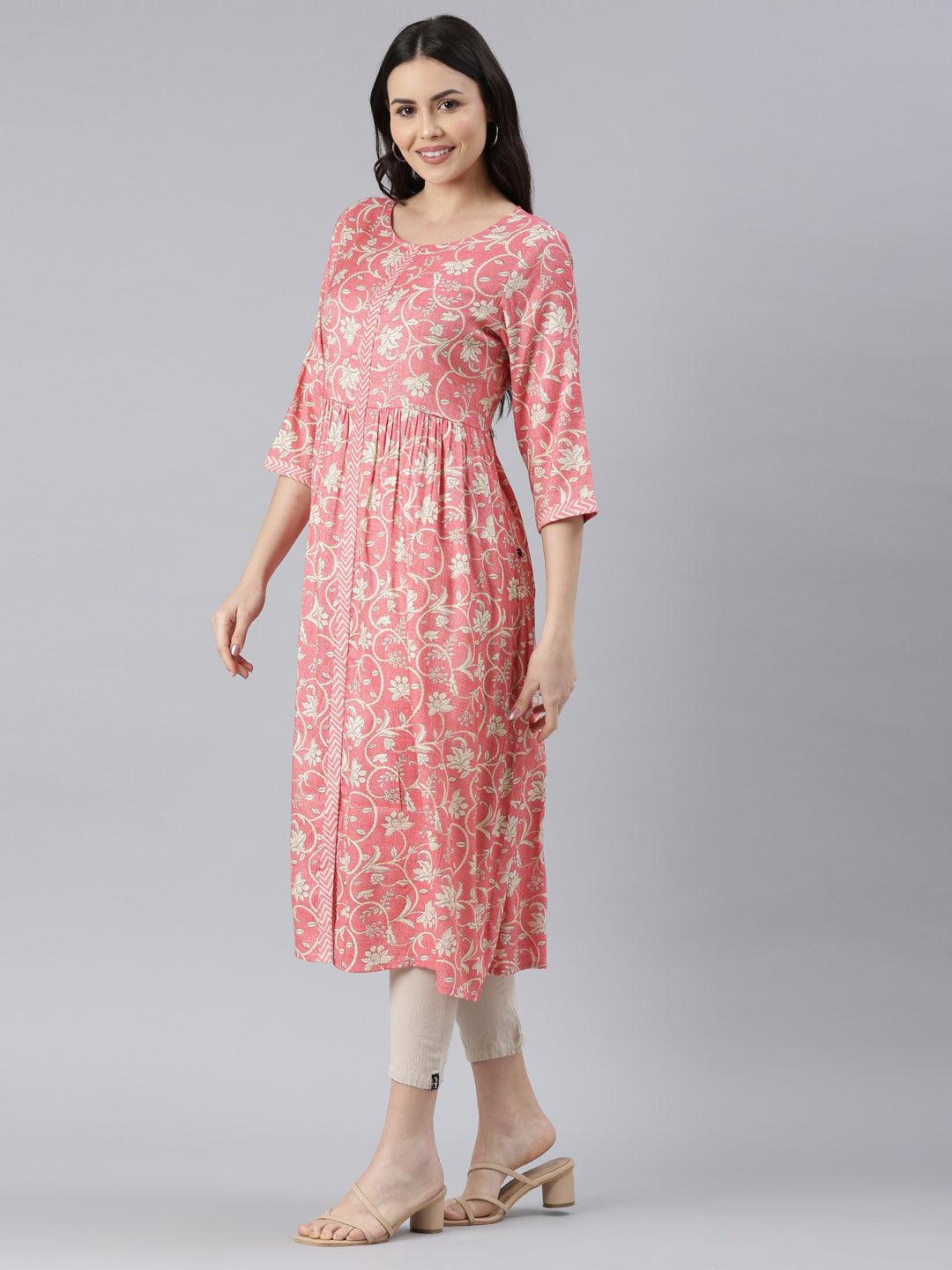 Elegant Pink Women’s Printed Viscose Rayon A-Line Kurta from samhitas apparel