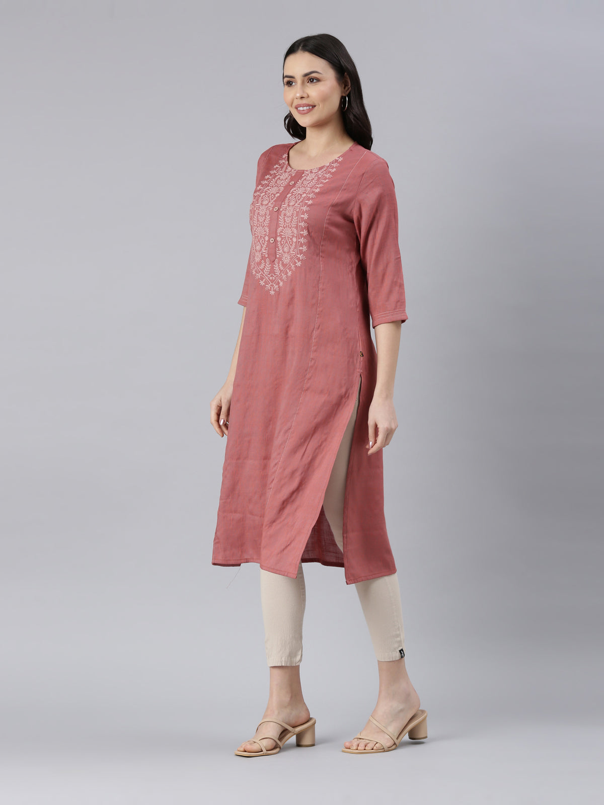 Women's Embroidered Eros Pink Viscose Rayon A-line Kurta from samhitas apparel