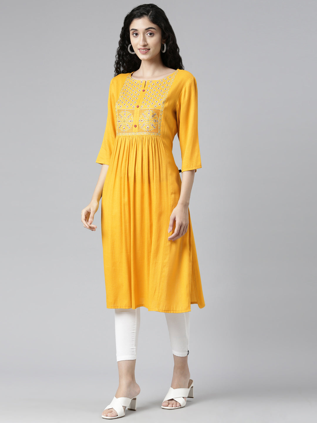 Women Woven Design Viscose Rayon Flared Kurta (Yellow) - Samhitas Apparel