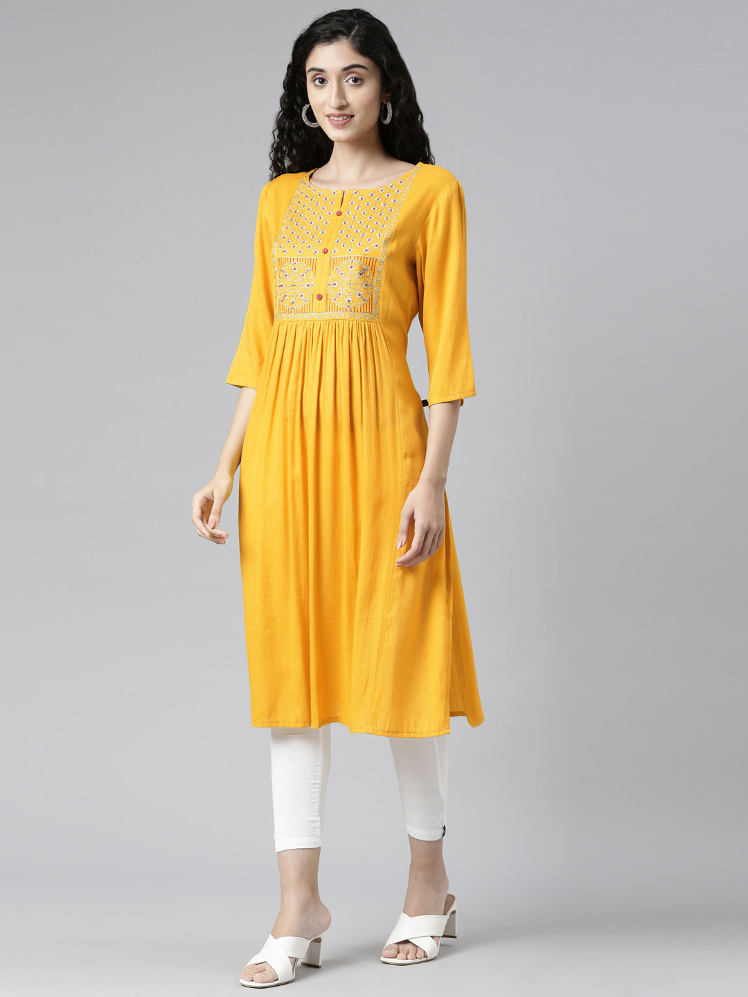 Elegant Yellow Viscose Rayon Flared Kurta for Women from samhitas apparel