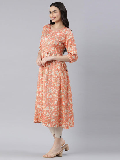 Women's Orange Floral Print Viscose Rayon Flared Kurta from samhitas apparel