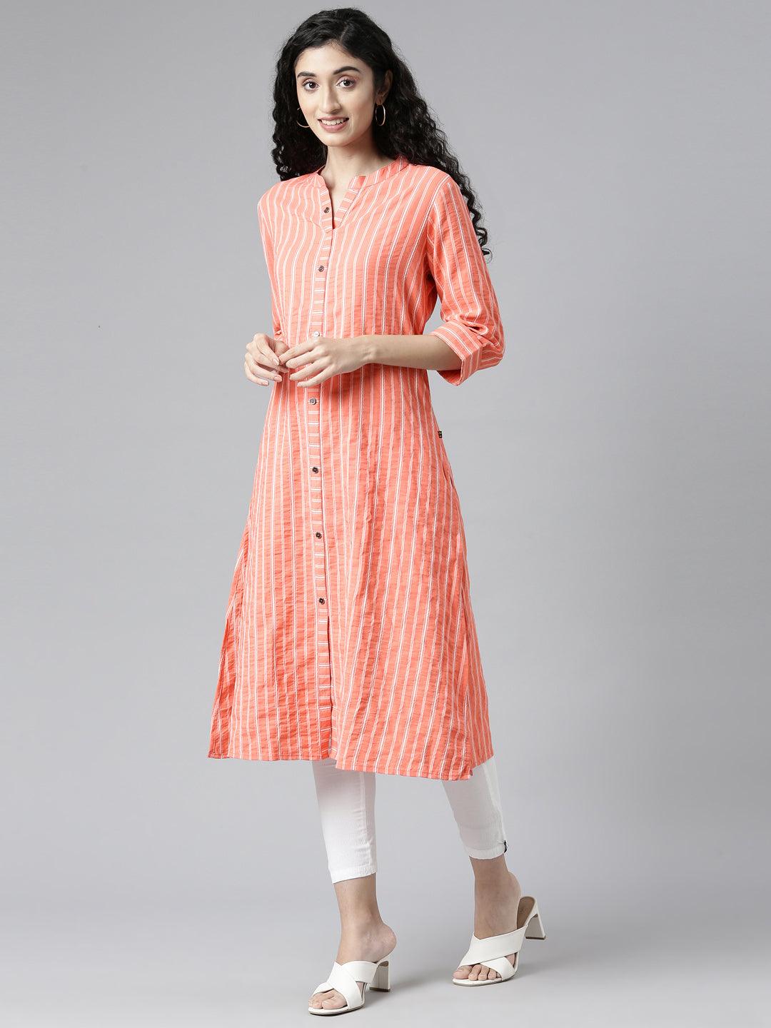 Orange Striped Chanderi Straight Kurta For Women from samhitas