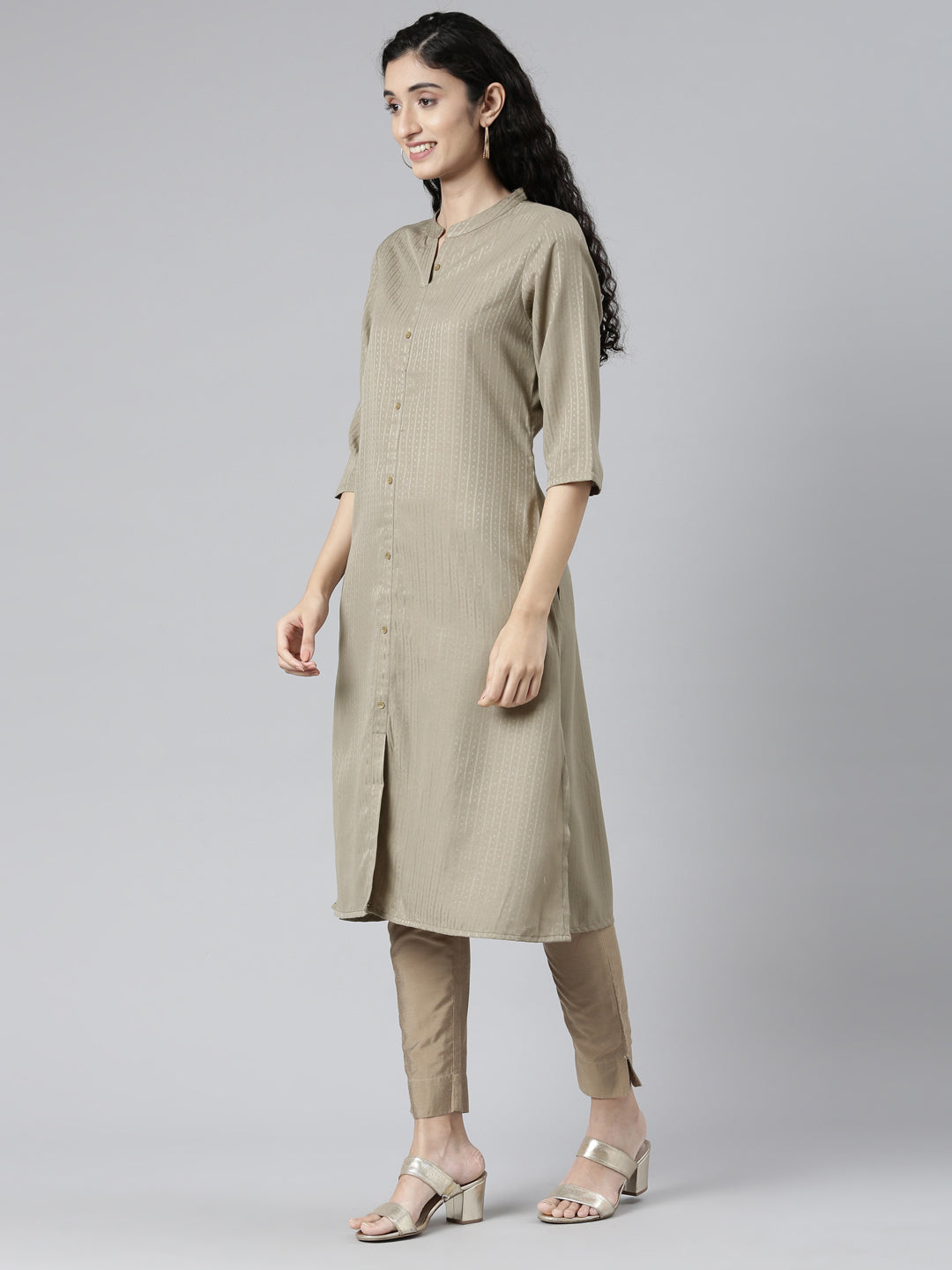 Women Woven Design Viscose Rayon Straight Kurta (Brown) - Samhitas Apparel