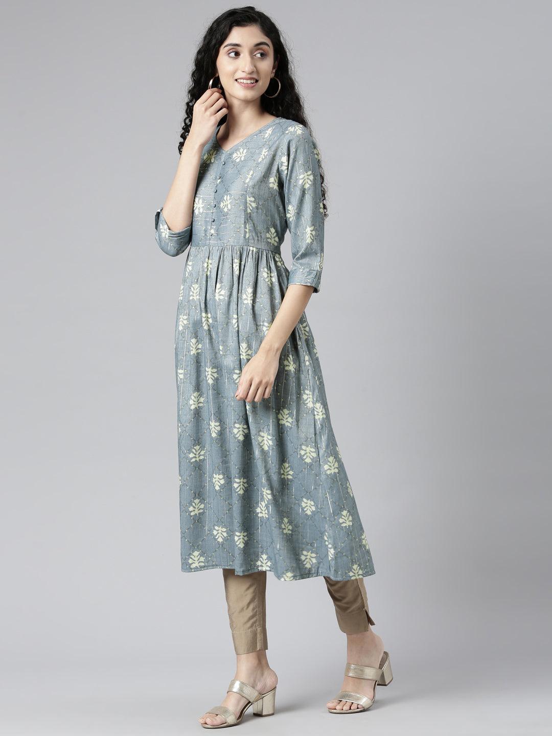 Indigo Printed Viscose Rayon A-line Kurta for women from samhitas