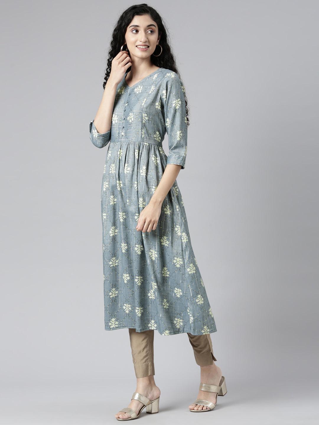 Front side image of Indigo Colored Printed Viscose Rayon Kurta for women from samhitas apparel