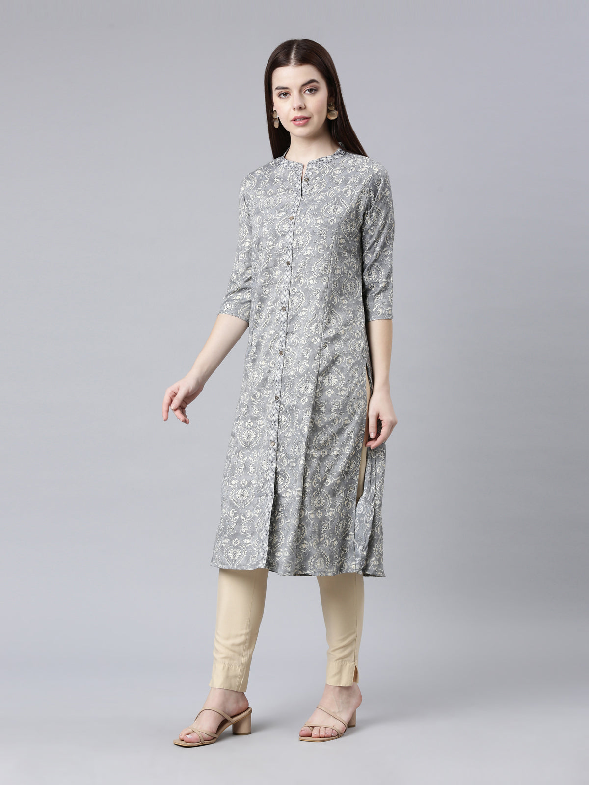 Women's Grey Mandarian Collar Viscose Rayon Kurta from samhitas apparel