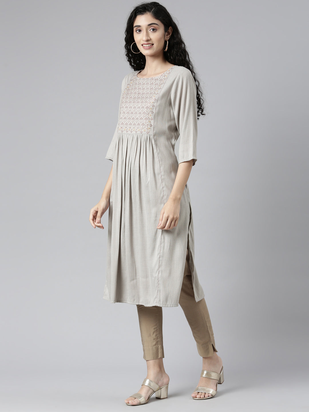 side view of Stunning Woven Design Grey Viscose Rayon Kurta from samhitas apparel