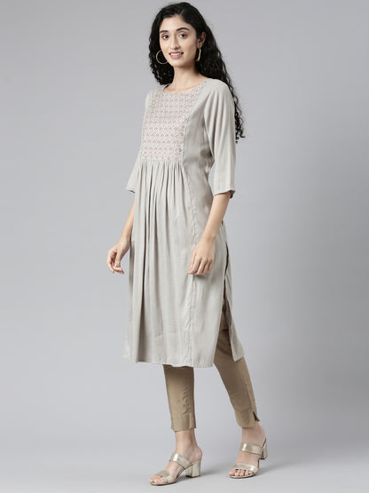 Women Woven Design Viscose Rayon Straight Kurta (Grey) - Samhitas Apparel