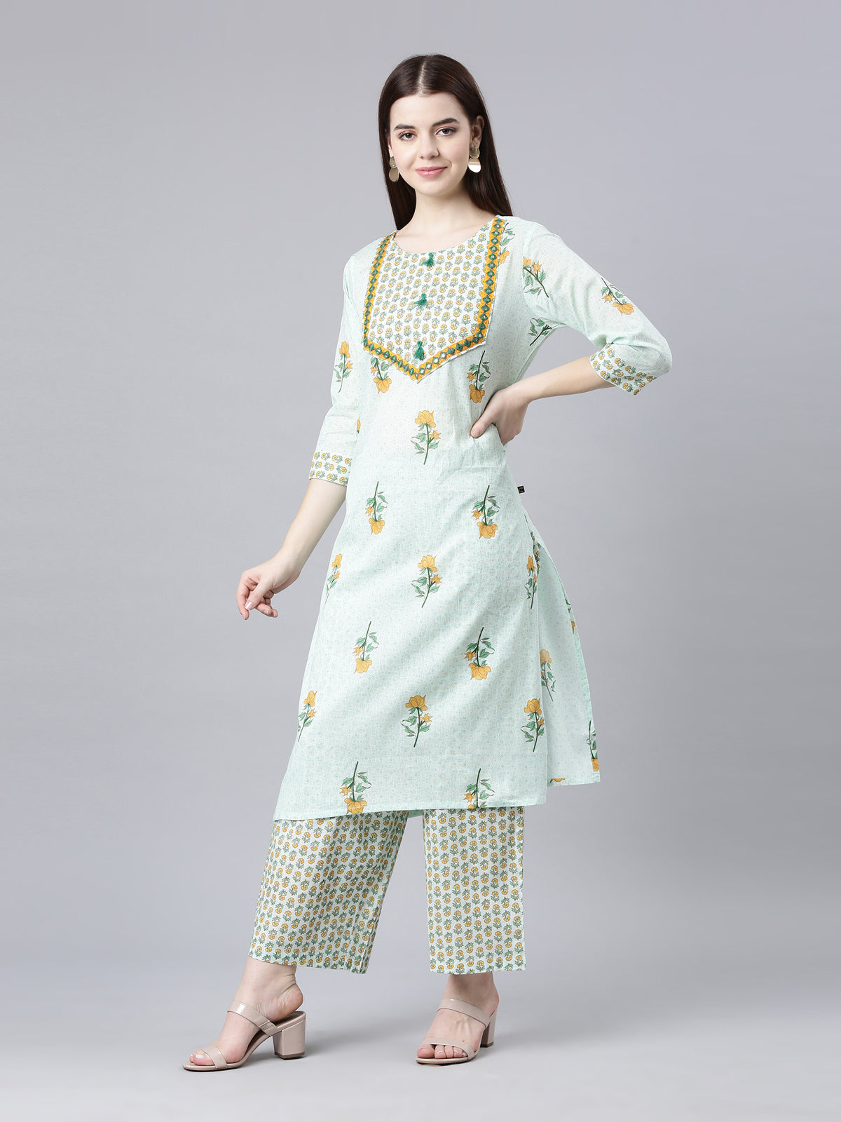 front view of Light Green Cotton Kurta Palazzo Sets For Women from samhitas