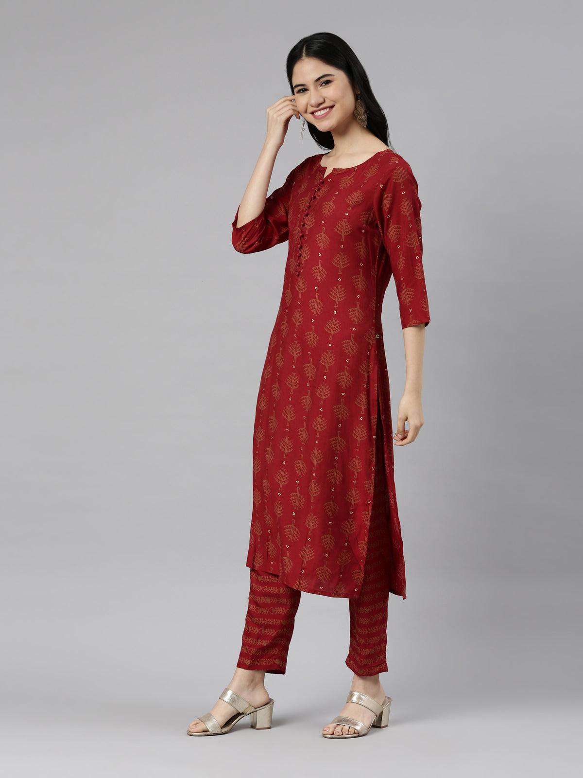 Maroon Printed Cotton Silk Kurta Pant Set for Women from samhitas apparel