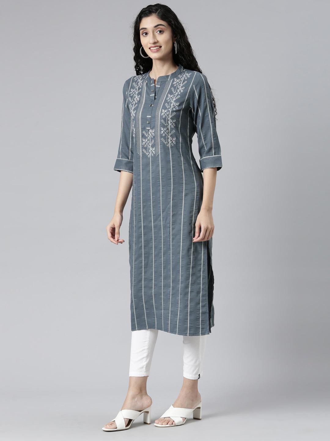 Women Striped Cotton Silk Straight Kurta (Grey) - Samhitas Apparel