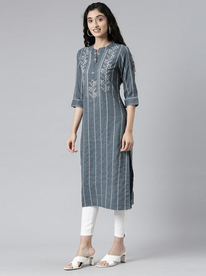 Grey Striped Cotton Silk Straight Kurta for Women from samhitas apparel