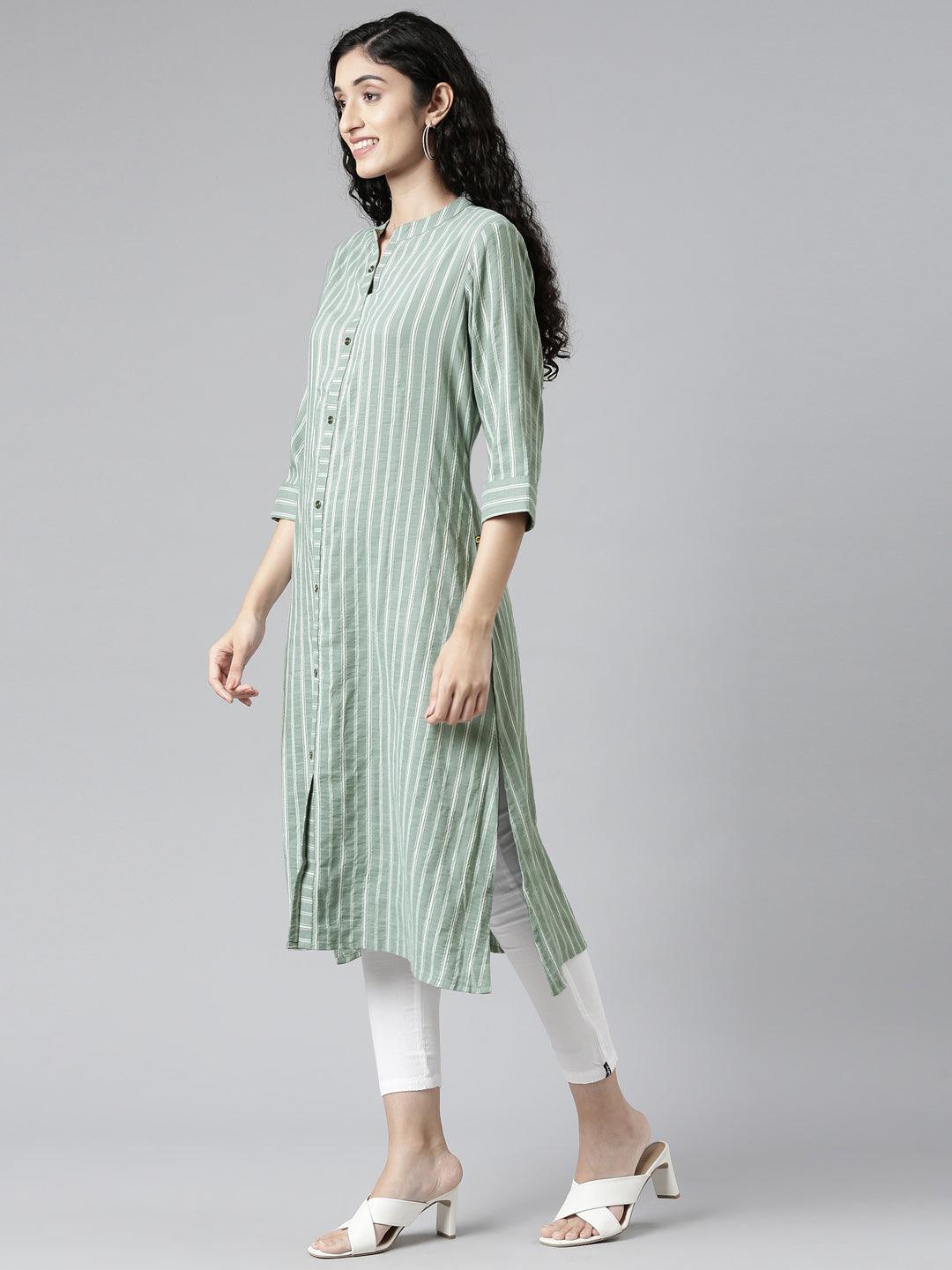 Green Chanderi Strip Kurti For Women from samhitas apparel