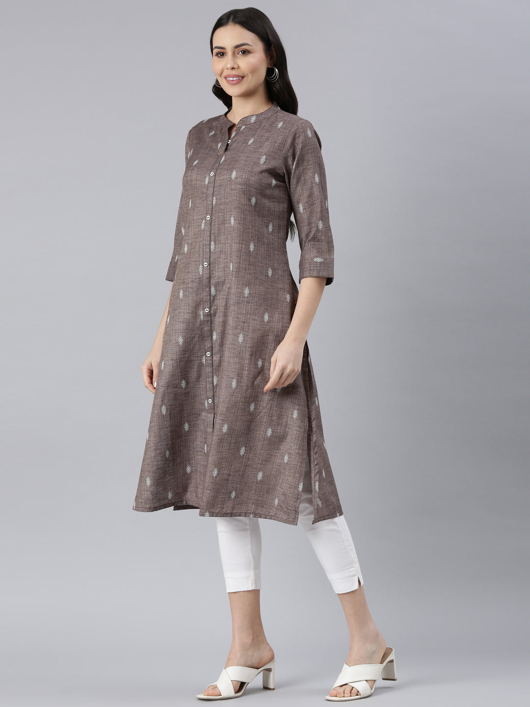 Women Printed Cotton Blend Straight Kurta (Brown) - Samhitas Apparel