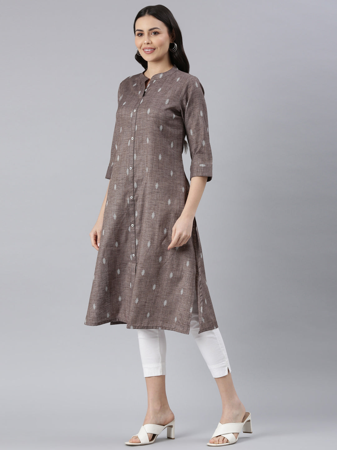 Brown Printed Pure Cotton Dobby Kurta for women from samhitas