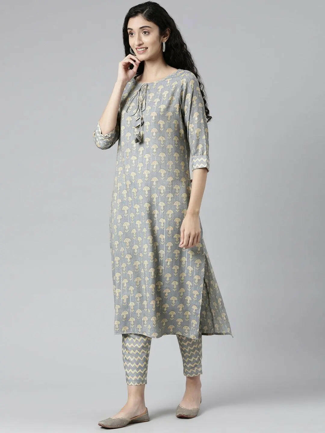 Elegant Grey Floral Print Straight Kurta Set from samhitas apparel