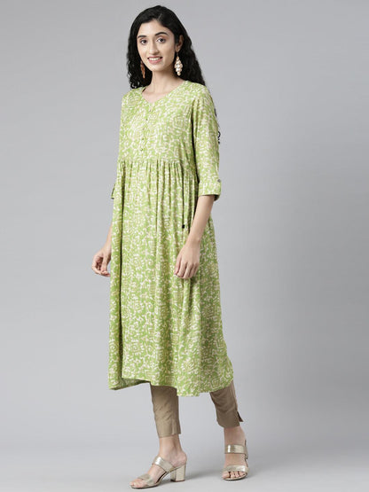 Light Green Abstract Viscose Rayon Flared Kurta for women from samhitas