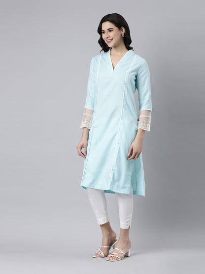 Women's Sky Blue Cotton Slub A-Line Kurta from samhitas apparel