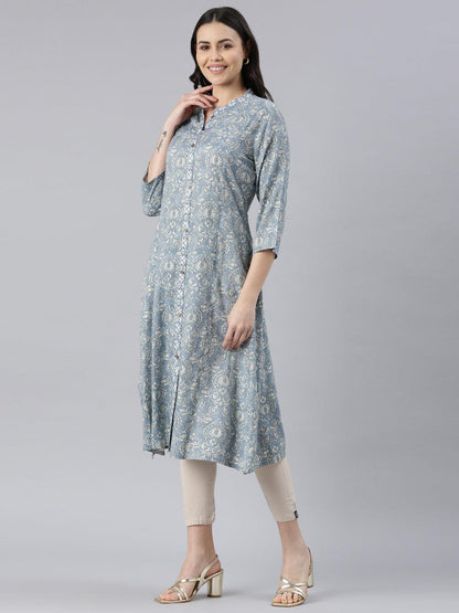 Women Floral Print Viscose Rayon Straight Kurta (Blue) - Samhitas Apparel