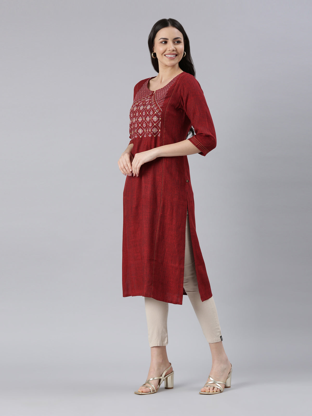 Women Embroidered Viscose Rayon A-line Kurta (Maroon) - Samhitas Apparel