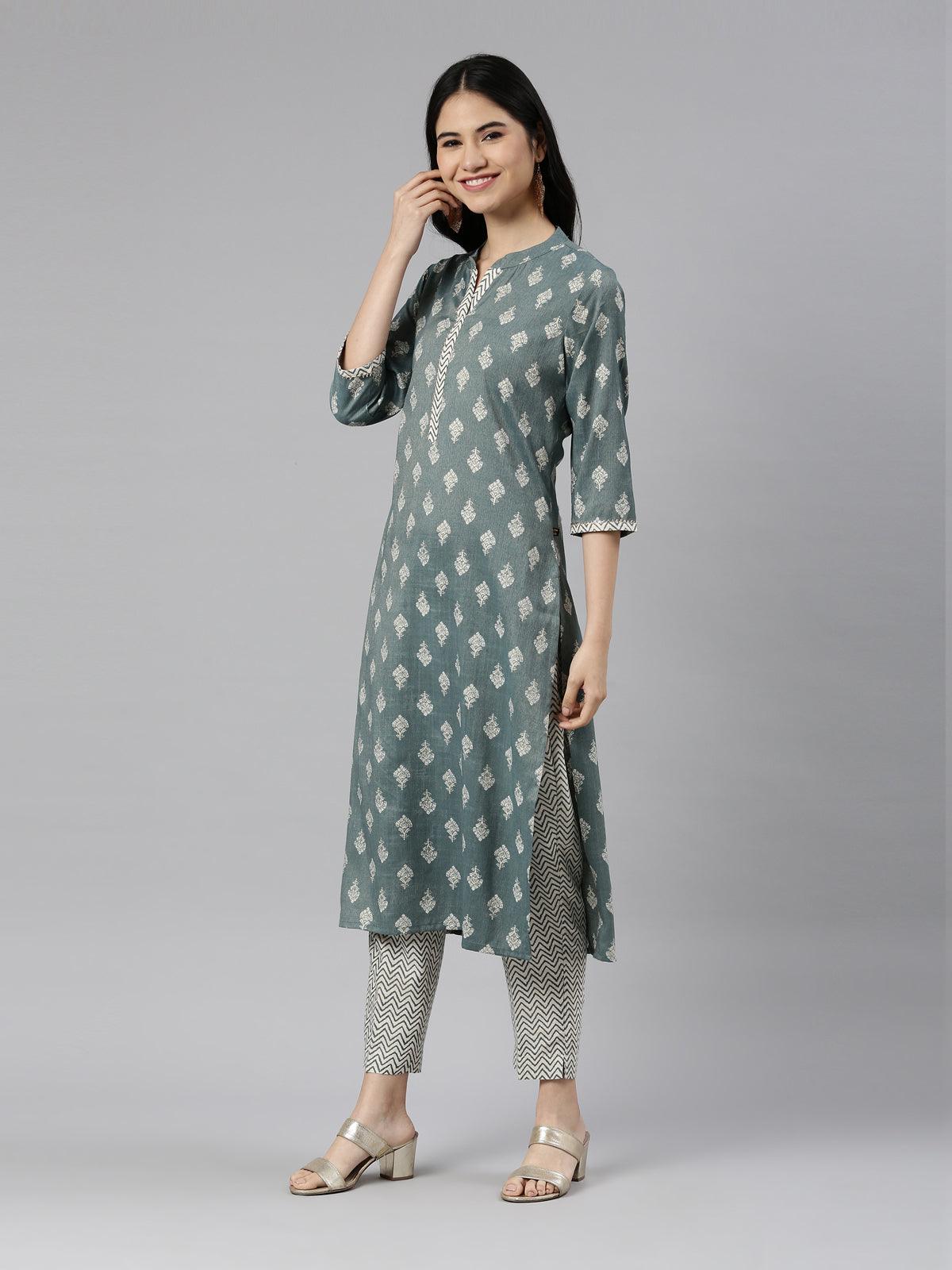 Elegant Teal Women's Printed Straight Kurta from samhitas apparel