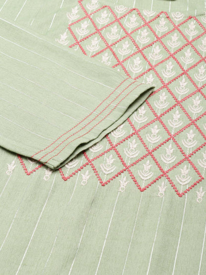 closeup view of Pista Striped Cotton Blend A-line Kurta from samhitas apparel