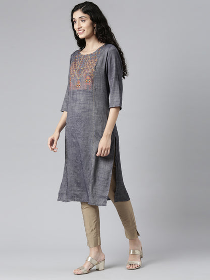 Side view of Women Embroidered Grey Viscose Rayon Straight Kurta from samhitas apparel