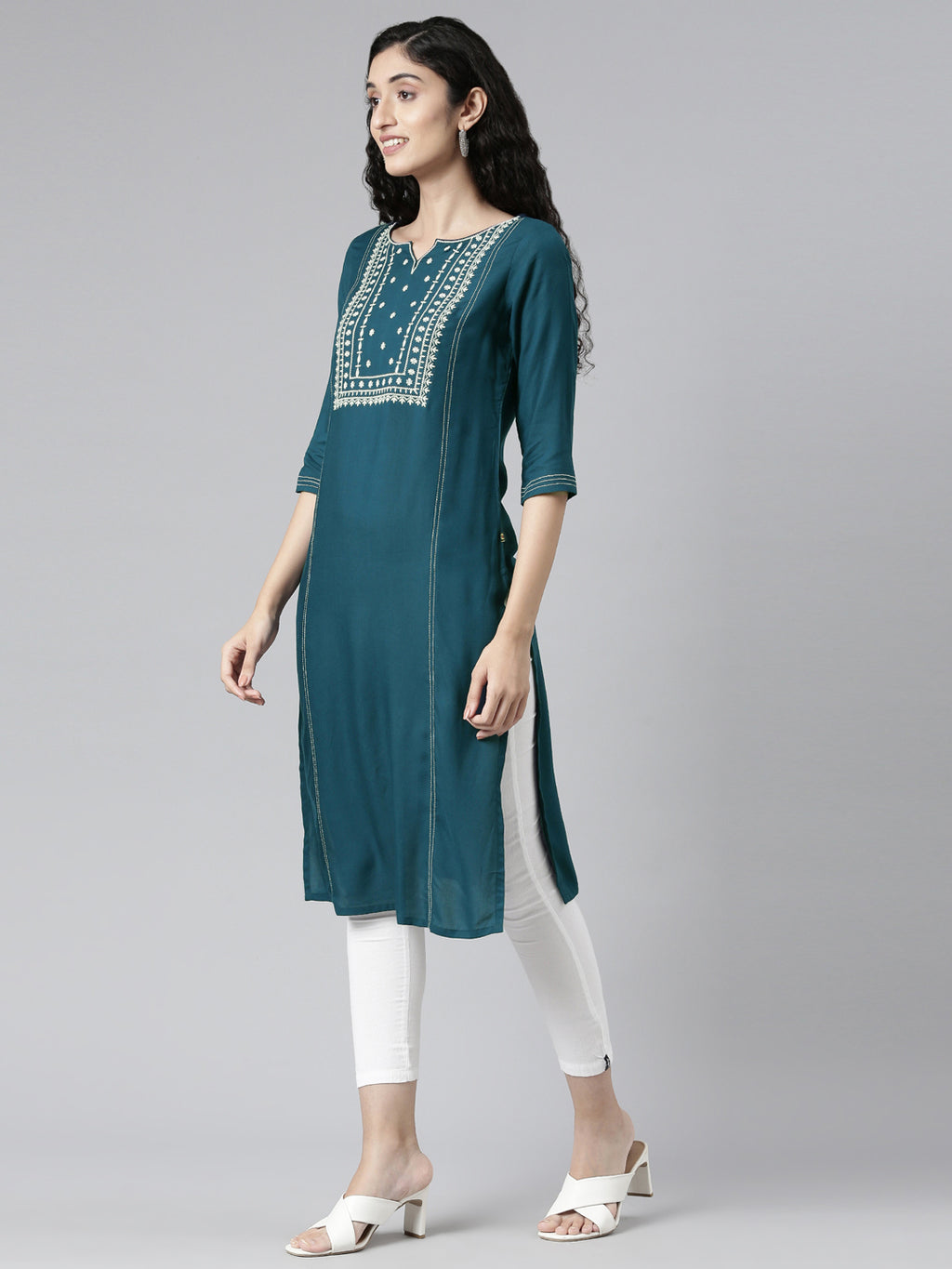 side view of Solid Blue Embroidered Viscose Rayon Straight Kurta from samhitas apparel