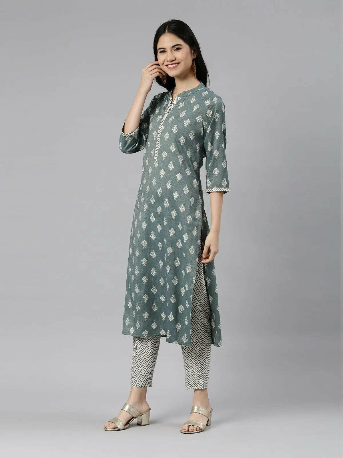 Teal Block Print Straight Kurta with Palazzo Pants Set from samhitas apparel